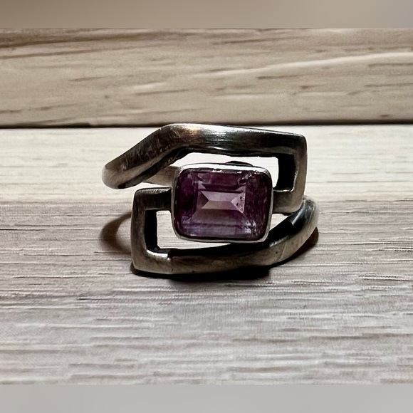 Jewelry - SOLD Vintage Handmade Modernist Geometric Sterling Silver Amethyst Ring, Size 6